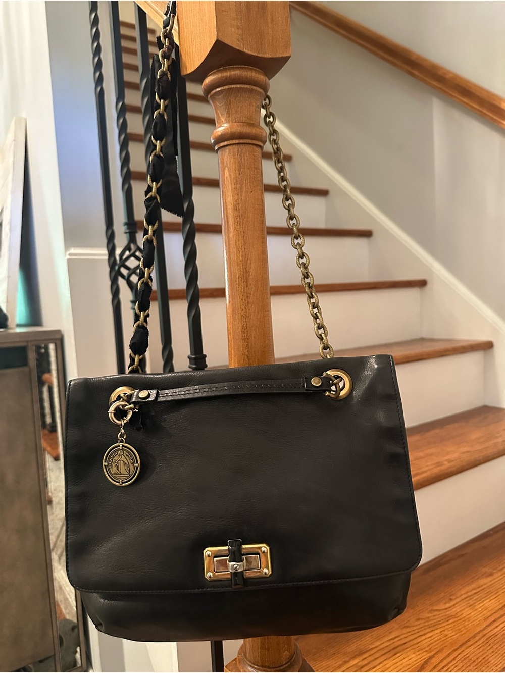 LANVIN Happy Black Leather Chain Shoulder Bag with Gold Hardware